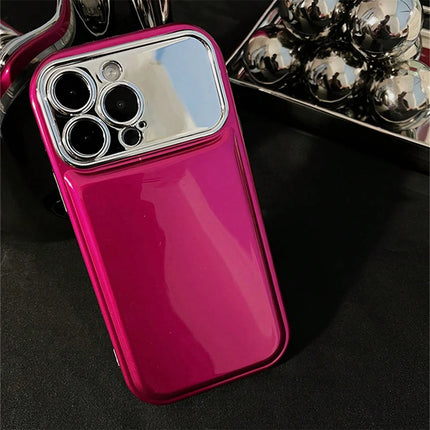 Korean Plating Large Window Phone Case For iPhone 13 15 Pro Max 14 Pro 12 11 Diamond Heart Mirror Holder Cover