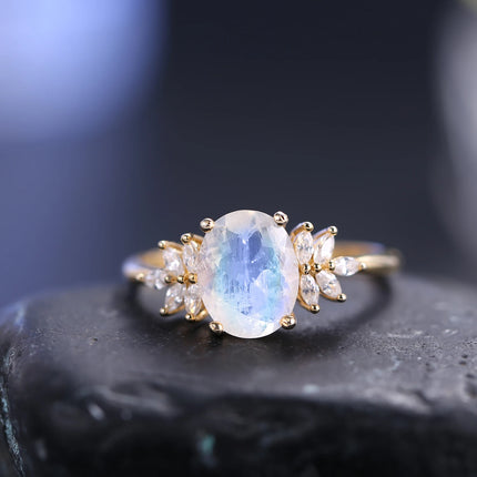 GEM'S BALLET Oval 8x10mm Cluster Milky Blue Moonstone  Engagement Ring 925 Sterling Silver Olive Branch Rings For Women