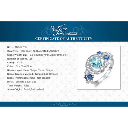 JewelryPalace New Arrival Moon Star 6.8ct Genuine Sky Blue Topaz Created Sapphire 925 Sterling Silver Statement Ring for Woman