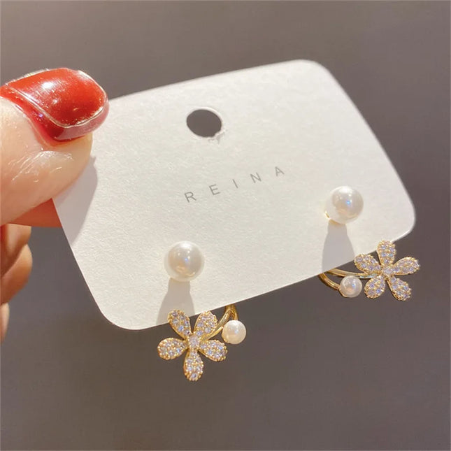 Korean Vintage Pearl Crystal Earrings For Women Jewelry High-class Luxury Zircon Flower Butterfly Leaf Women's Stud Earrings