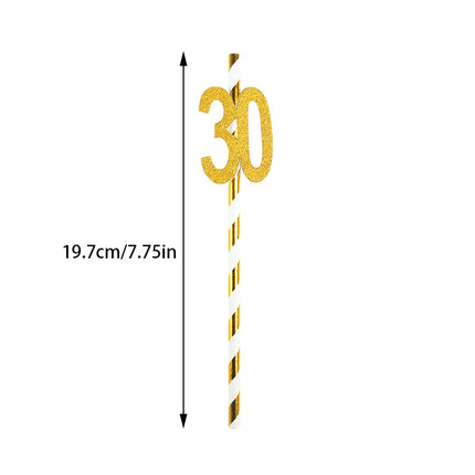 10pcs Gold Striped Paper Straws 30th 40th 50th 60th Birthday Drinking Straws for Adult 30 40 50 Years old Birthday Anniversary