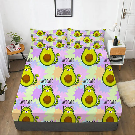 Cartoon Cat Bed Sheet Set,Watercolor Animals Butterfly Cat Fitted Sheet and Pillowcase for Kids Boys Girls Teens Queen Size 3Pcs