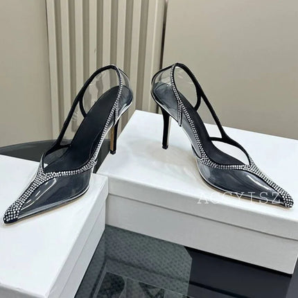 Summer crystal decoration PVC transparent solid color high-heeled women's pointed toe sexy party fashion dress shoes 2024