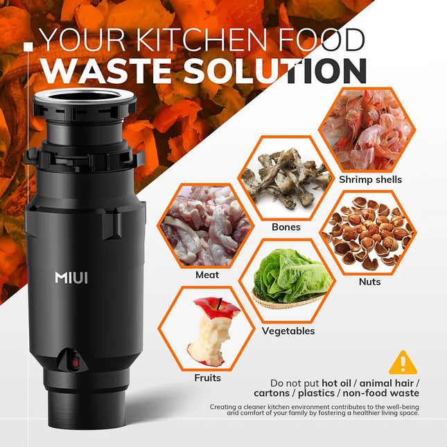 MIUI Continuous Feed Garbage Disposal with Sound Reduction,1/2 HP Food Waste Disposer with Stainless Steel Grinding System