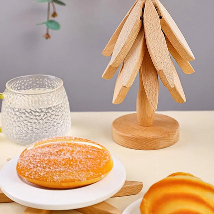 Wooden Trivets for Hot Dishes Folding Tree Shape Black Walnut Table Mat Holders Heat Insulated Pad Set Coasters for Pots
