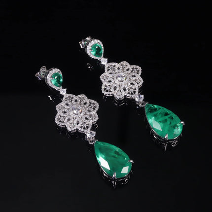 GEM'S BALLET Luxury Vintage Imitated Emerald  Dangle Drop Earrings, Sterling Silver Floral Chandelier Earrings, Dormeuse Earring