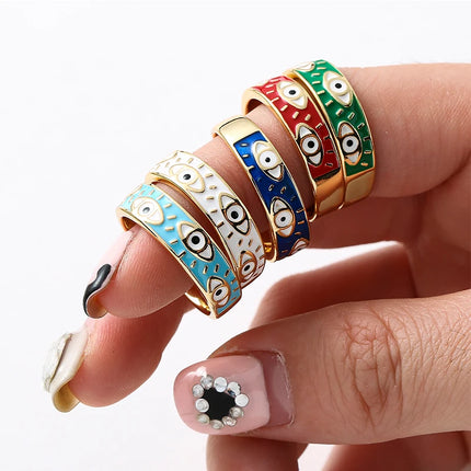 Fashion Aesthetic Evil Blue Eyes Finger Rings for Women Oil Dripping Stainless Steel Rings Adjustable Opening Ring Jewelry Gifts