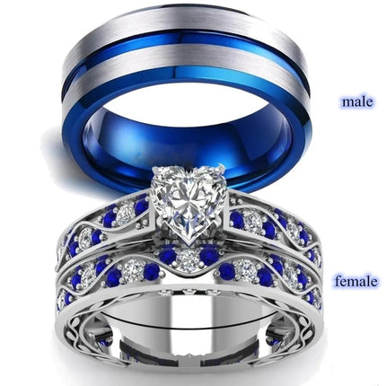 Trendy Couple Rings For Men Blue Stainless Steel Ring Women Heart Rhinestones Zirconi Ring Set Bridal Wedding Engagement Jewelry