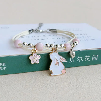 2023 New Simple Cute Cartoon Bunny Bracelet for Women Sweet Pink Series Pendant Hand-Wowen Bracelets Bangles Couple Friends Gift