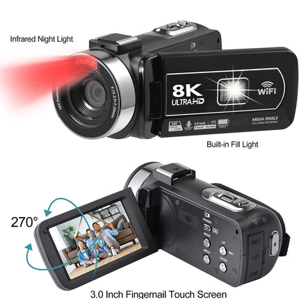 Full HD 8k Professional Video Camera 48MP WiFi Camcorder Digital 16X Zoom Streaming Auto Focus Cam