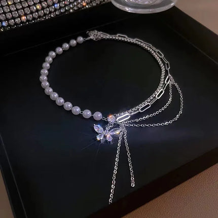 Korean Fashion Shiny Crystal Butterfly Necklace for women Multi-layer Pearl Clavicle Chain Necklace 2022 Trend Aesthetic Jewelry