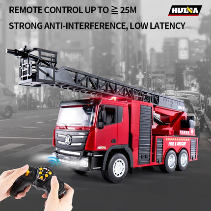 HUINA 1:18 9 Channel Remote Control Alloy Fire Sprinkler Truck Toys for Boys Girls LED RC Fire Fighting Truck with Aerial Ladder