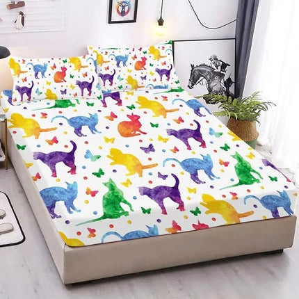 Cartoon Cat Bed Sheet Set,Watercolor Animals Butterfly Cat Fitted Sheet and Pillowcase for Kids Boys Girls Teens Queen Size 3Pcs