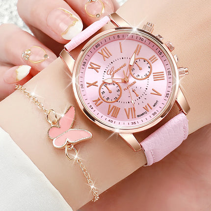 5PCS/Set Geneva Women Watches Fashion Leather Band Quartz Wrist Watch Butterfly Jewelry Set（Without Box）