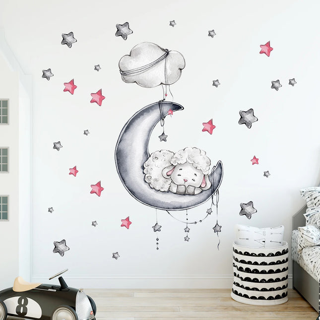 1Pc Cartoon Cute Star Moon Sleep Sheep Wall Stickers Kids Room Decoration Bedroom Child Home Decor for House Living Room DIY