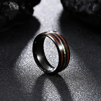 Fashion Silver Color Men's Stainless Steel Rings Koa Wood Deer Antler Inlay Dome Engagement Rings For Men Women Wedding Jewelry