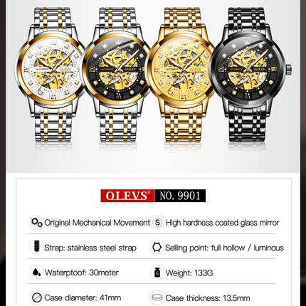 OLEVS Top Brand Automatic Watches for Man Original Skeleton Waterproof Stainless Steel Elegant Mechanical Men's Wrist watch 9901