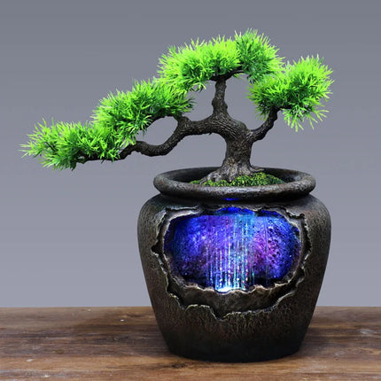 7Color Led Change Creative Indoor Resin Flower Pot Flowing Water Sound Waterfall Fountain Garden Feng Shui Simulation Tree Craft