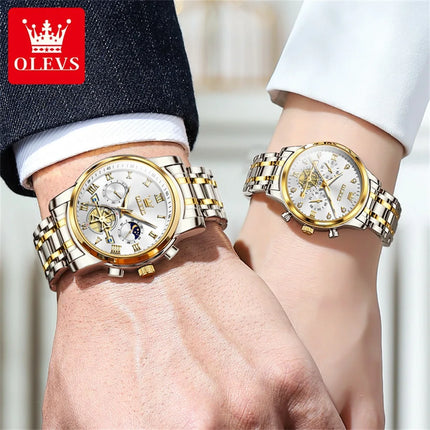 OLEVS Quartz Couple Watch Luxury Brand Waterproof Lunar Phase Timing Code Watch Elegant and Romantic Lover His  Her Couple Watch