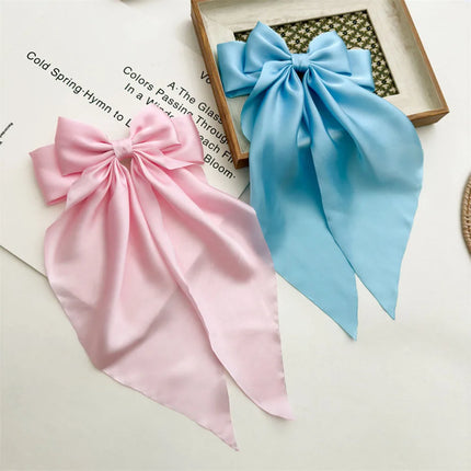 Ladies Satin Large White pink Red Blue Black Ribbon bow Oversized bow Long tail hair clip spring clip ponytail Hair accessorie