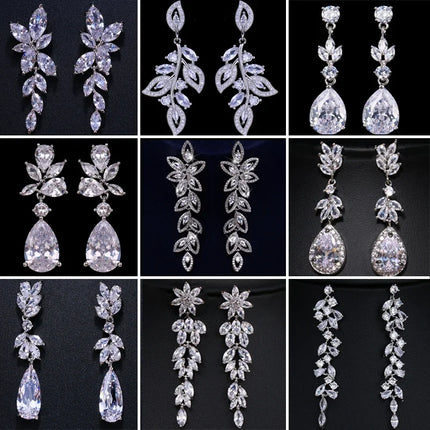 Luxury Flower Leaf Zircon Drop Earrings - Elegant Wedding Bridal Jewelry