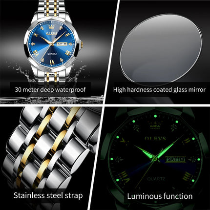 OLEVS Brand Luxury Couple Watches Rhombus Mirror Original Quartz Men and Women Wristwatch Luminous Waterproof Calendar Gift Set