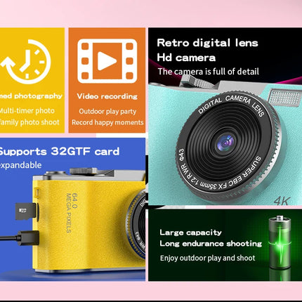 4K HD Digital 64MP Camera Autofocus Photography Video Camcorder 2.4 inch Screen for Portable Kid Adult Beginners Vlogging Camera