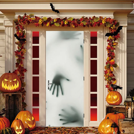 Halloween decorations, props, skeletons, horror bombs, and posters on the doors of the day of the dead