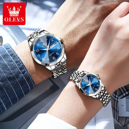 OLEVS 9970 Original Fashion Brand Quartz Couple Watch Luxury Stainless Steel Waterproof Glow Men's and Women's Gift Set Watch