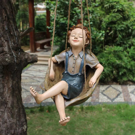 Swing Boy Shape Hanging Statue Decor Vivid Delicate Resin Hanging Statue Model Figurine Handicraft	for Garden