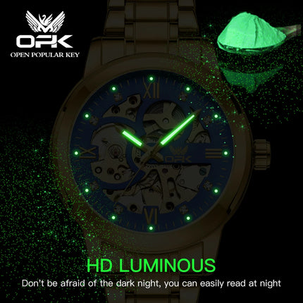 OPK Brand Original Luxury Men's Watches Stainless Steel Strap Mechanical Watch Waterproof Luminous Butterfly Button Hollow Out