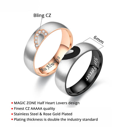 Rose Gold/Black Color Heart Couple Rings Stainless Steel Couples Lovers Love Promise Ring For Men Women Jewelry Dropshipping