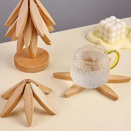Wooden Trivets for Hot Dishes Folding Tree Shape Black Walnut Table Mat Holders Heat Insulated Pad Set Coasters for Pots