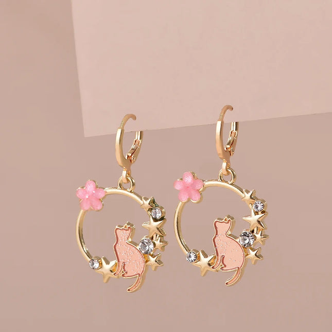 Cute Enamel Cat Earrings For Women Girls Sweet Kitten Rabbit Animal Painted Colorful Delicate Gold Color Hoop Jewelry Earrings