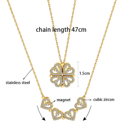 CARLIDANA Transform Luxury Four Leaf Clover Pendant Necklace  Stainless Steel Crystal Gold Color Heart Jewelry for Women Gift