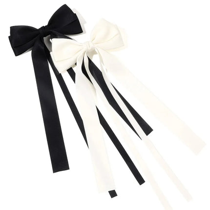 Korean Solid Color Ribbon Double Bowknot Hair Clips for Women Girls Trendy Big Bow Long Tassel Silver Barrettes Pin Accessories