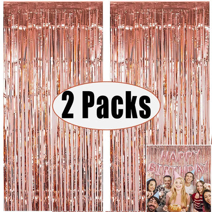 2Pack Rose Pink Metallic Foil Tinsel Fringe Curtain Backdrop Birthday Wedding Bachelorette Party Decoration Adult Anniversary