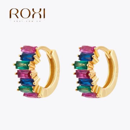 ROXI 925 Sterling Silver Ear Buckle Rectangle Rose Red Blue Green Zircon Earrings For Women Pendientes Aro Rojos Wedding Jewelry