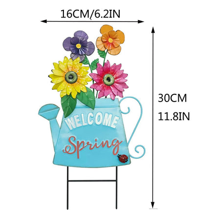 Metal Welcome Spring Flowerpot Shape Garden Stake Decorative Yard Sign Spring Decor Ornaments Outdoor Decoration