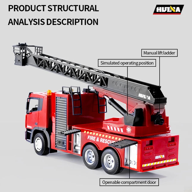 HUINA 1:18 9 Channel Remote Control Alloy Fire Sprinkler Truck Toys for Boys Girls LED RC Fire Fighting Truck with Aerial Ladder