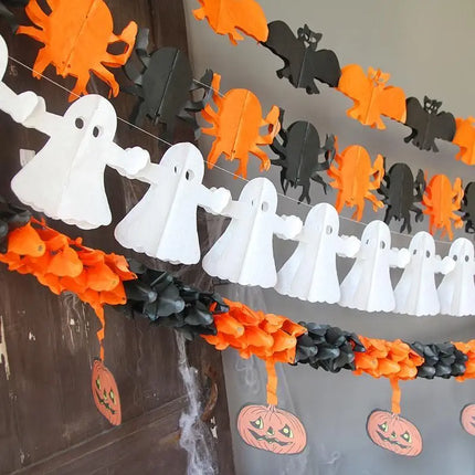 3PCS Halloween Bat Vampire Pumpkin Ghosts Spider Paper Banner 3M Terror Hanging Garland Bunting Happy Party For Home Decorations