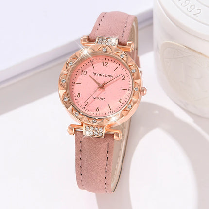 5PCS/Set  Pink Romantic Heart Quartz Watch Shiny Rhinestone Analog PU Leather Wrist Watch & Jewelry Set, Gift For Women Her