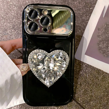 Korean Plating Large Window Phone Case For iPhone 13 15 Pro Max 14 Pro 12 11 Diamond Heart Mirror Holder Cover