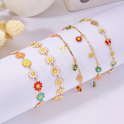 Exquisite Colorful Daisy Flower Bracelet for Women Boho Crystal Butterfly Zircon Sweet Flower Metal Chain Bracelet Party Jewelry