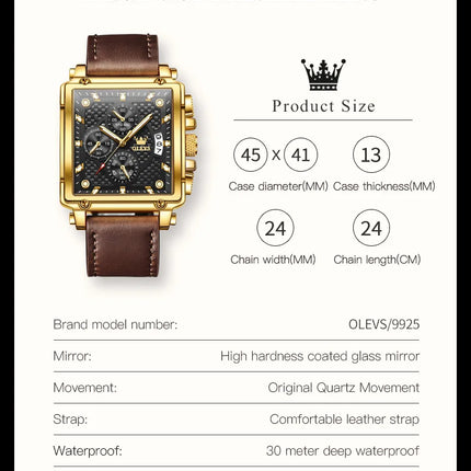 OLEVS Quartz Watch for Men Golden Square Large Dial Waterproof Leather Strap Wrist Watch Date Display Men's Quartz Watch 9925