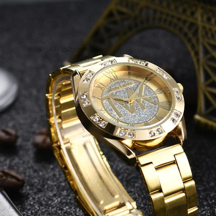 Luxury TOP TVK Women Watch Golden Stainless Steel Bracelet Diamond Water Resistant Roman Digital Ladies Men Quartz Watches Gift