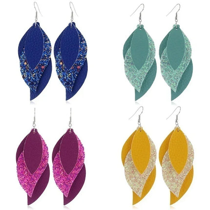 Litchi Layered Leather Drop Earrings with Sequin Detail