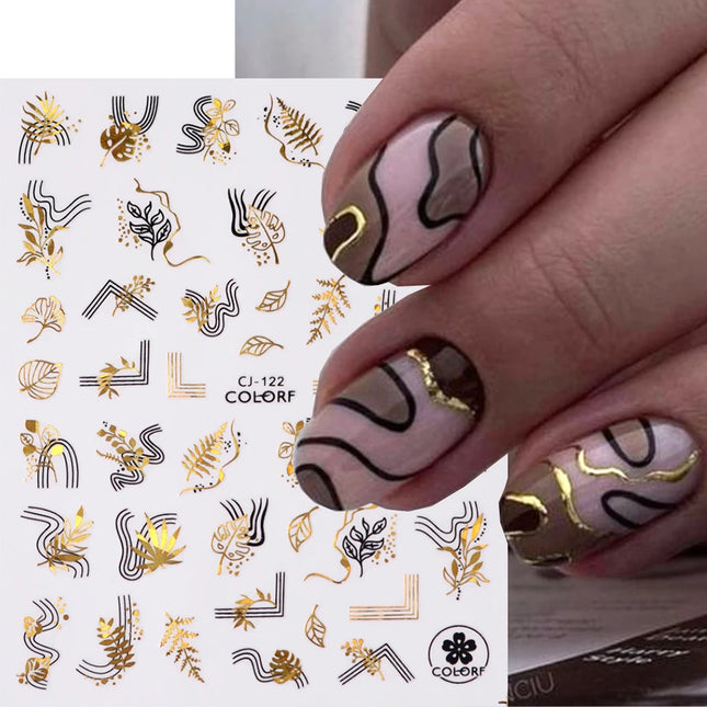 Gold Black Bronzing Leaves  3D Nail Sticker Geometrics Lines Leopard Zebra Pattern Adhesive Transfer Sticker DIY Nail Decoration