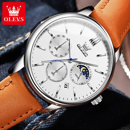 OLEVS 2024 New Men's Quartz Watches Luxury Leather Strap Waterproof Chronograph Moon Phase Man Watch Fashion Sport Watch for Men