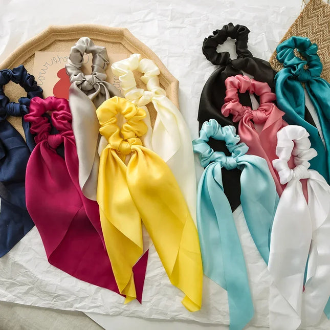 Sweet Long Ribbon Solid Bow Scrunchies Satin Ponytail Fashion Hair Ties Women Girls Elastic Hair Bands Headwear Hair Accessories